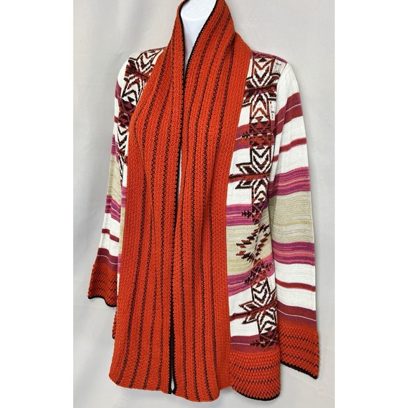 BCBG MAXAZRIA Women's S Open Sweater Cardigan Red-Orange White Southwest Western - Picture 3 of 11